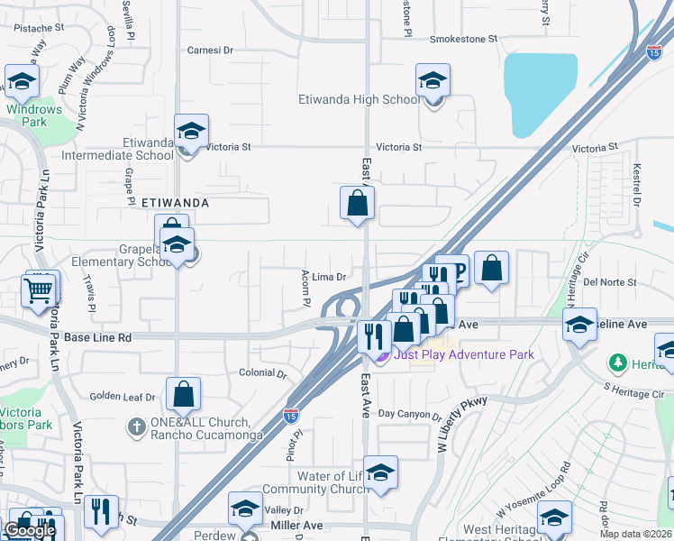 map of restaurants, bars, coffee shops, grocery stores, and more near 7167 Brisas Court in Rancho Cucamonga