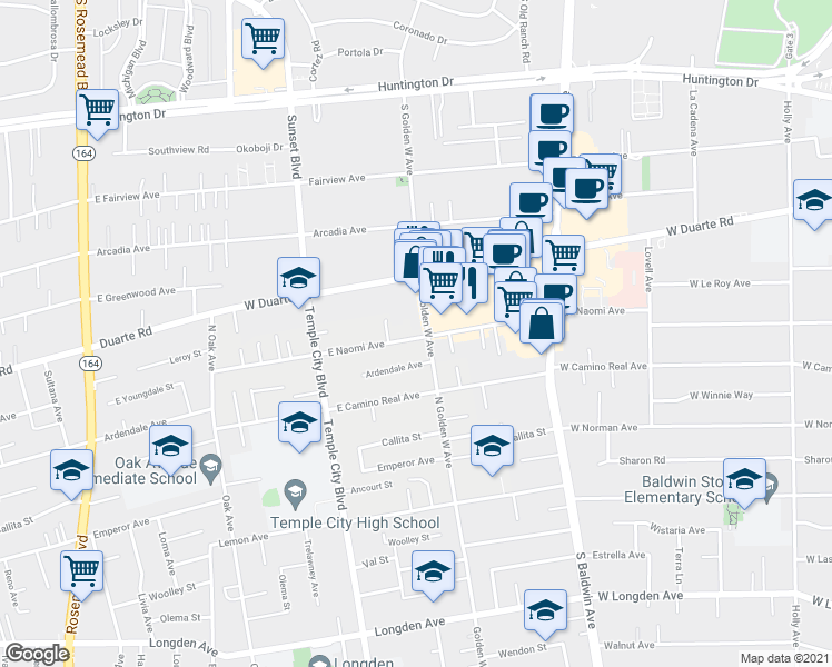 map of restaurants, bars, coffee shops, grocery stores, and more near 9753 East Naomi Avenue in Arcadia