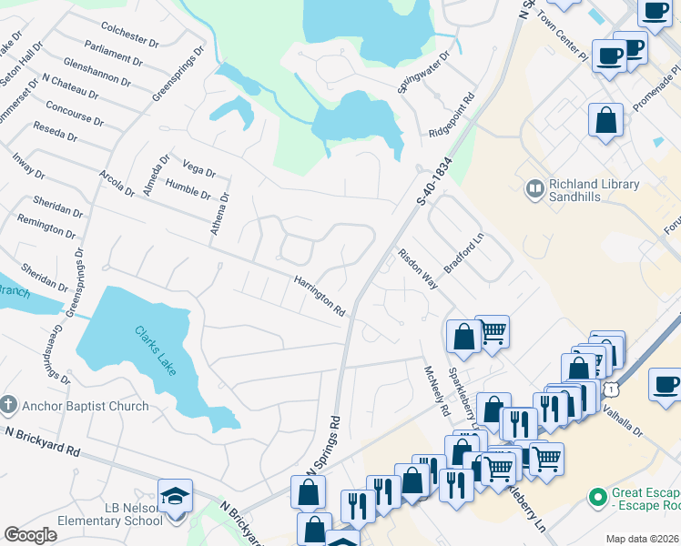 map of restaurants, bars, coffee shops, grocery stores, and more near 112 Dove Park Road in Columbia