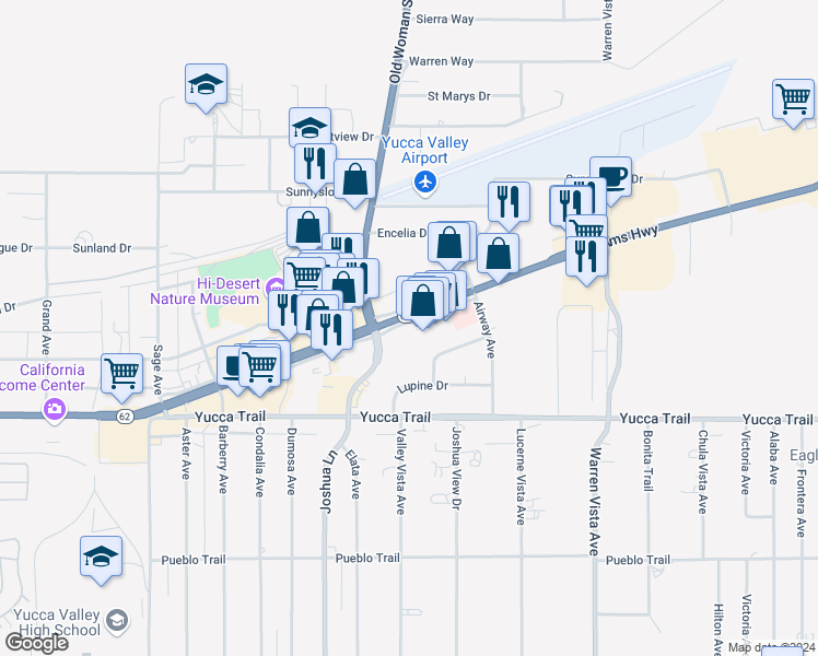 map of restaurants, bars, coffee shops, grocery stores, and more near 57335 Twentynine Palms Highway in Yucca Valley