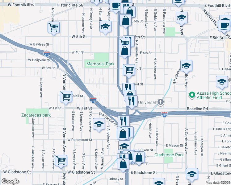 map of restaurants, bars, coffee shops, grocery stores, and more near 151 North San Gabriel Avenue in Azusa