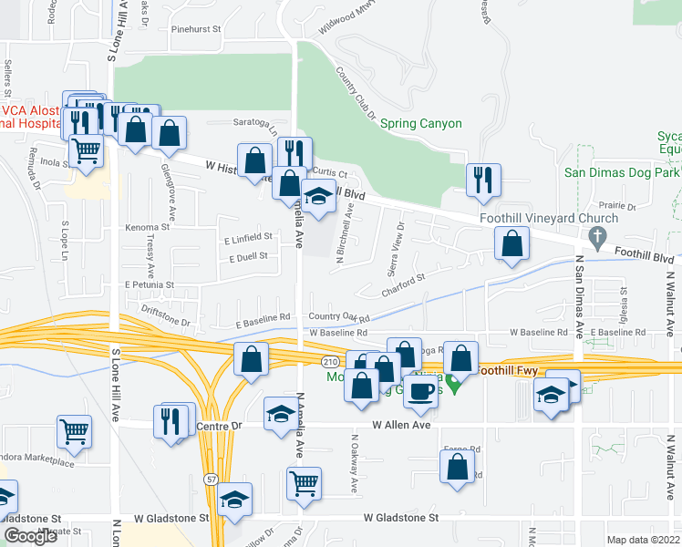 map of restaurants, bars, coffee shops, grocery stores, and more near 2426 West Valewood Street in San Dimas