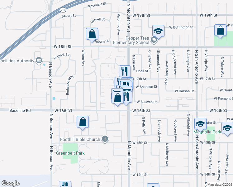 map of restaurants, bars, coffee shops, grocery stores, and more near 108 Carmel Circle East in Upland