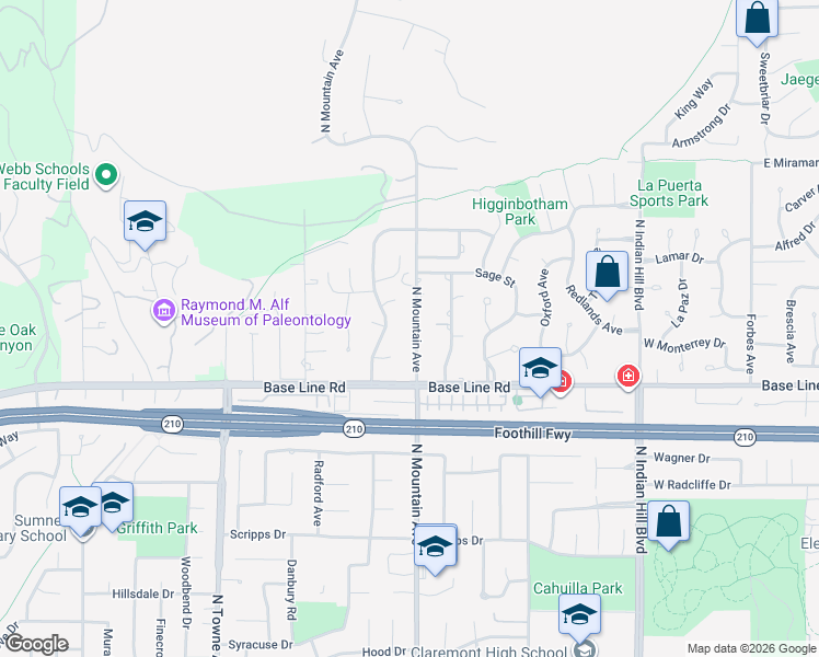 map of restaurants, bars, coffee shops, grocery stores, and more near 2965 North Mountain Avenue in Claremont