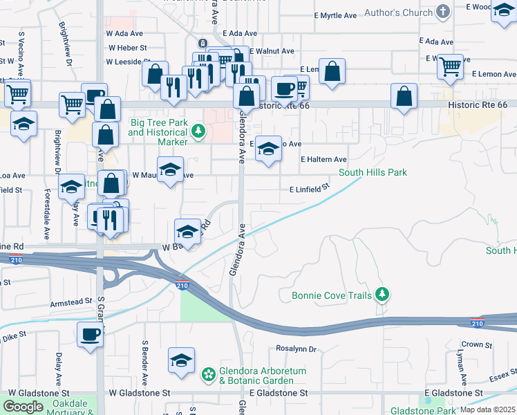 map of restaurants, bars, coffee shops, grocery stores, and more near 126 East Duell Street in Glendora