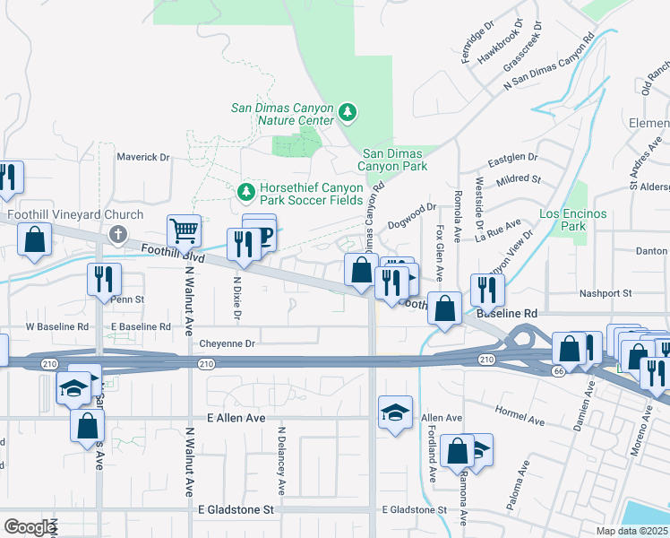 map of restaurants, bars, coffee shops, grocery stores, and more near 1237 Sand Creek Road in San Dimas