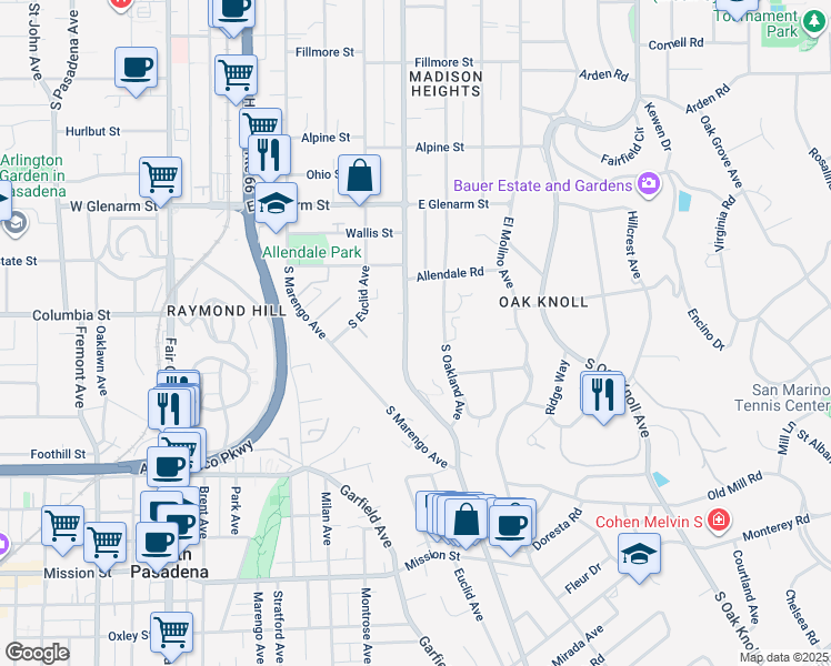 map of restaurants, bars, coffee shops, grocery stores, and more near 1290 South Los Robles Avenue in Pasadena