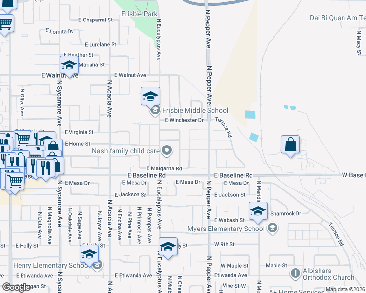 map of restaurants, bars, coffee shops, grocery stores, and more near 1325 North Chestnut Avenue in Rialto
