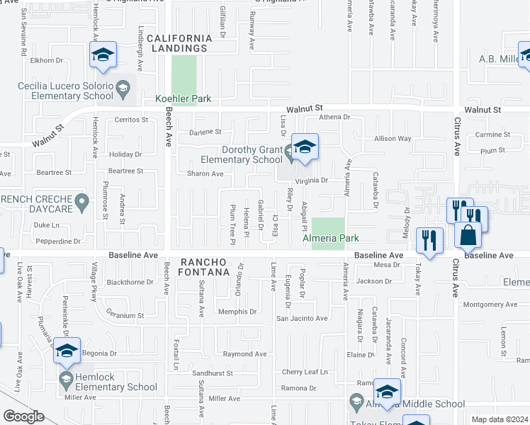 map of restaurants, bars, coffee shops, grocery stores, and more near 7189 Gabriel Drive in Fontana