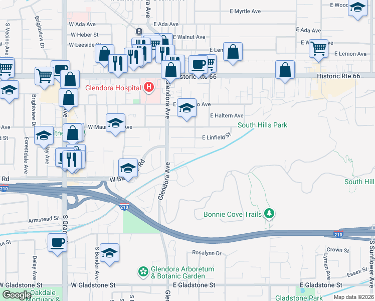 map of restaurants, bars, coffee shops, grocery stores, and more near 204 East Duell Street in Glendora