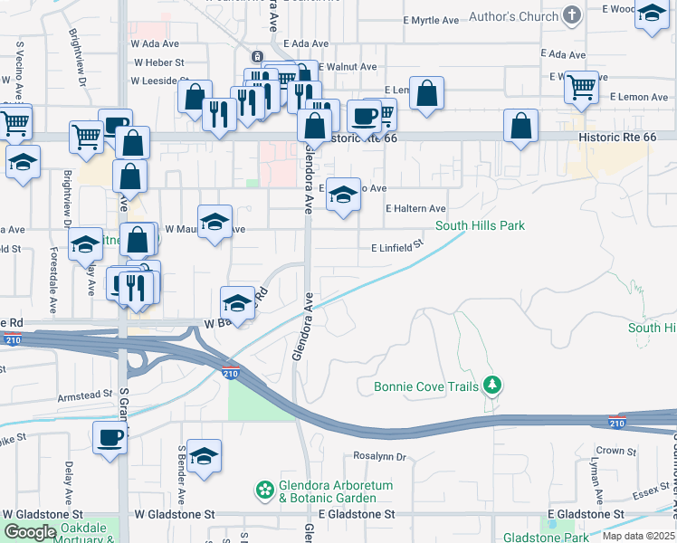 map of restaurants, bars, coffee shops, grocery stores, and more near 204 E Duell St in Glendora