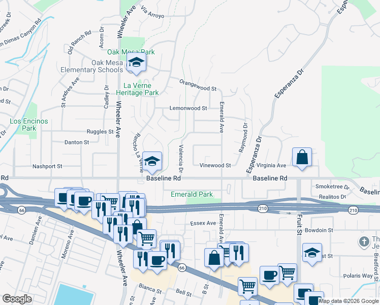 map of restaurants, bars, coffee shops, grocery stores, and more near 4699 Madera Drive in La Verne