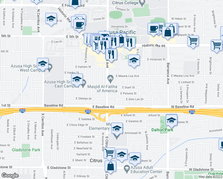 map of restaurants, bars, coffee shops, grocery stores, and more near 18516 East Duell Street in Azusa