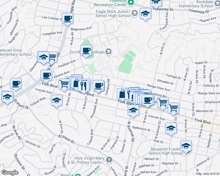 map of restaurants, bars, coffee shops, grocery stores, and more near 1442 Campus Road in Los Angeles