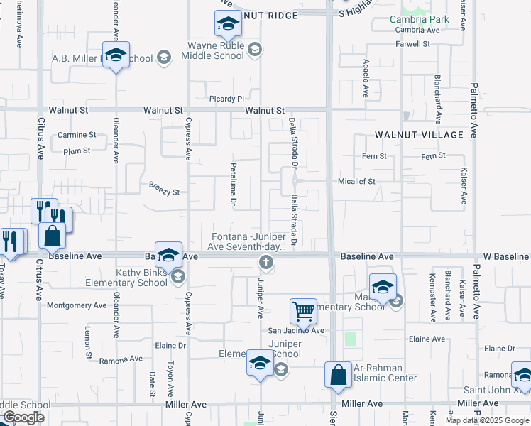 map of restaurants, bars, coffee shops, grocery stores, and more near 7184 Willowmore Drive in Fontana