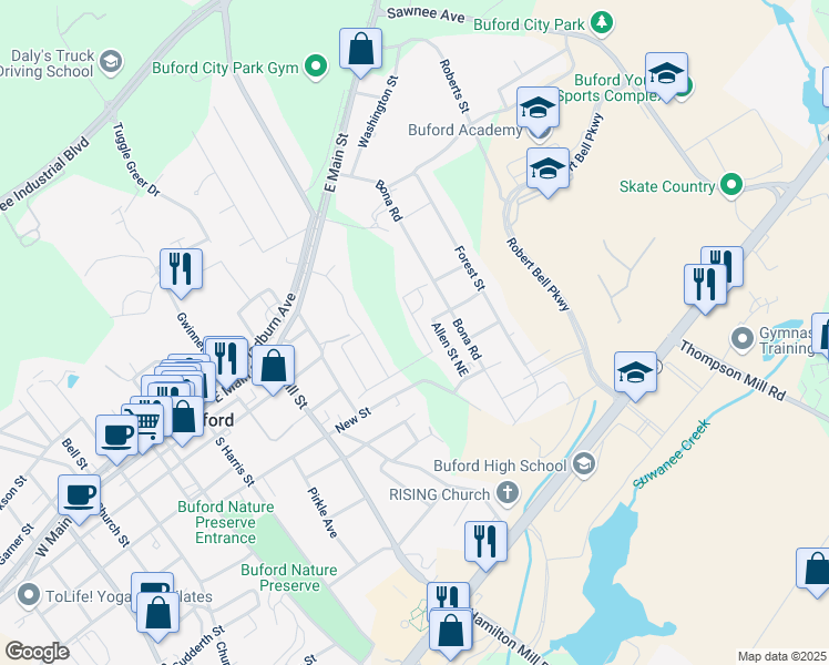 map of restaurants, bars, coffee shops, grocery stores, and more near 2300 Kate Moore Way in Buford