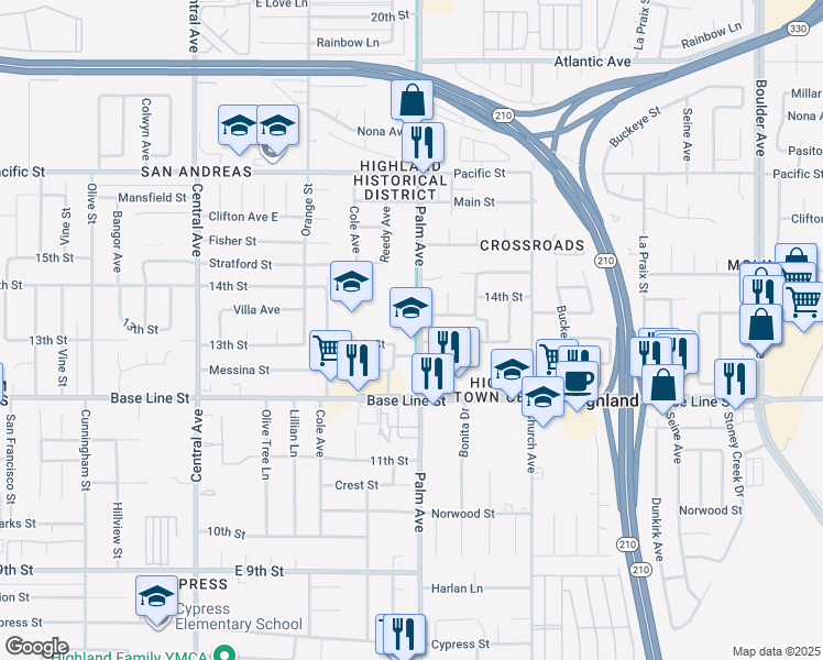map of restaurants, bars, coffee shops, grocery stores, and more near 7181 Palm Avenue in Highland
