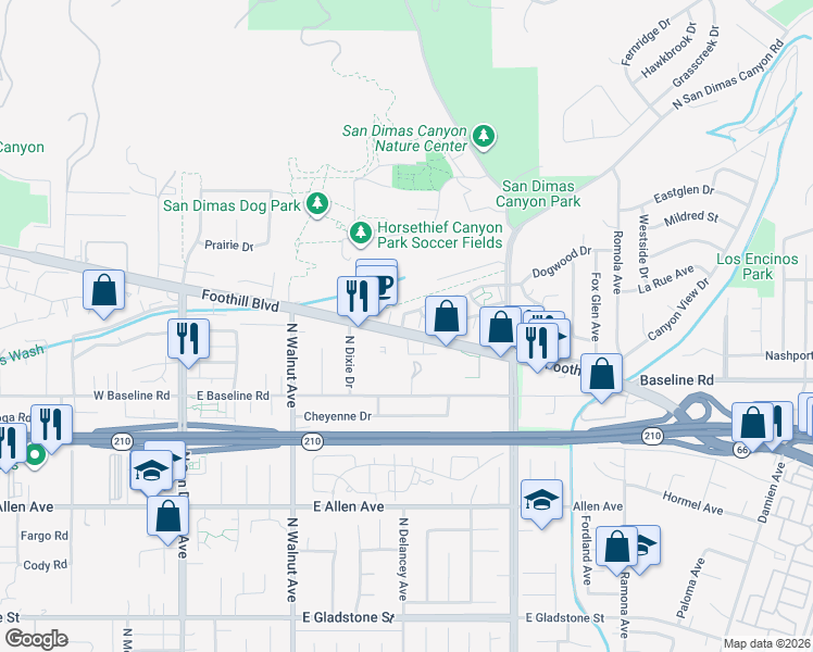 map of restaurants, bars, coffee shops, grocery stores, and more near 1204 Deer Creek Road in San Dimas