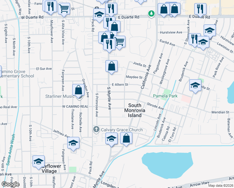 map of restaurants, bars, coffee shops, grocery stores, and more near 228 Pamela Road in Monrovia