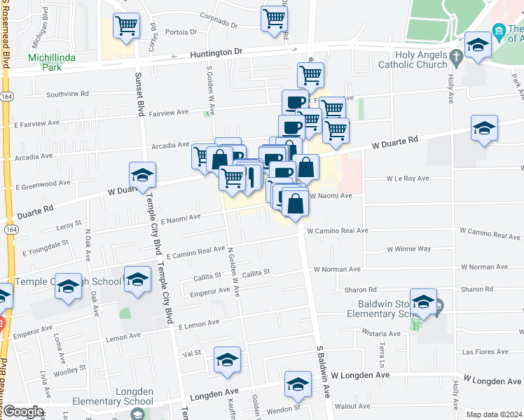 map of restaurants, bars, coffee shops, grocery stores, and more near 760 West Naomi Avenue in Arcadia