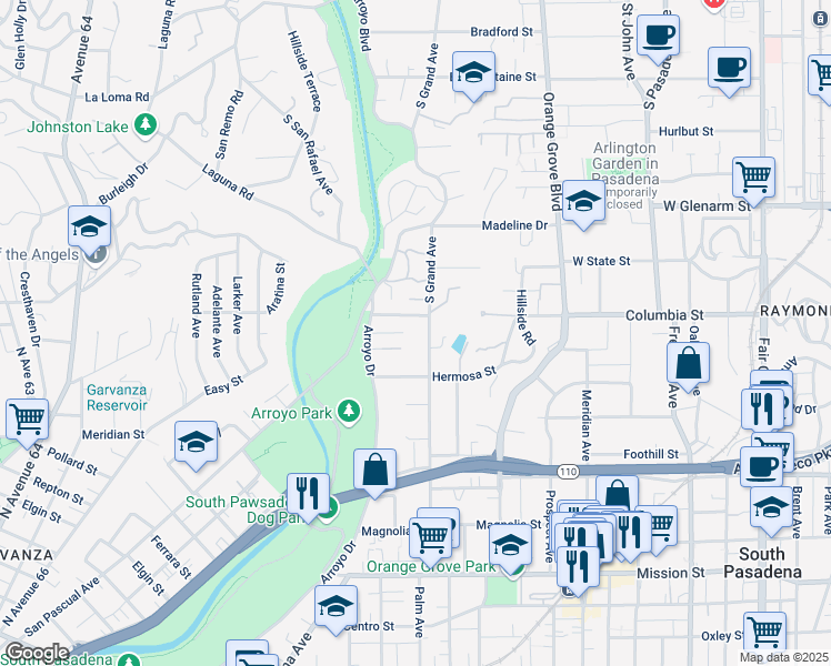 map of restaurants, bars, coffee shops, grocery stores, and more near 225 Grand Ave in South Pasadena