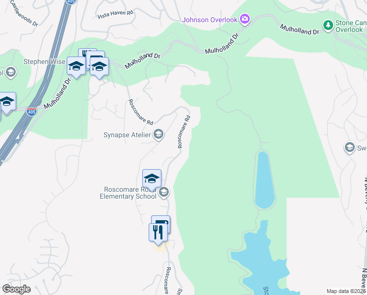 map of restaurants, bars, coffee shops, grocery stores, and more near 2532 Roscomare Road in Los Angeles