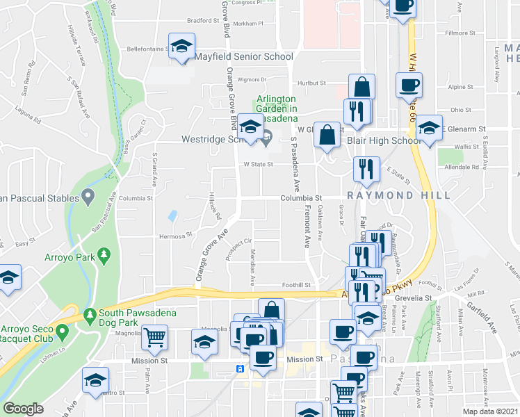 map of restaurants, bars, coffee shops, grocery stores, and more near 209 Beacon Avenue in South Pasadena