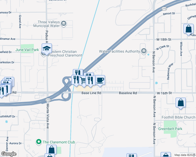 map of restaurants, bars, coffee shops, grocery stores, and more near 1634 Crepe Myrtle Place in Upland