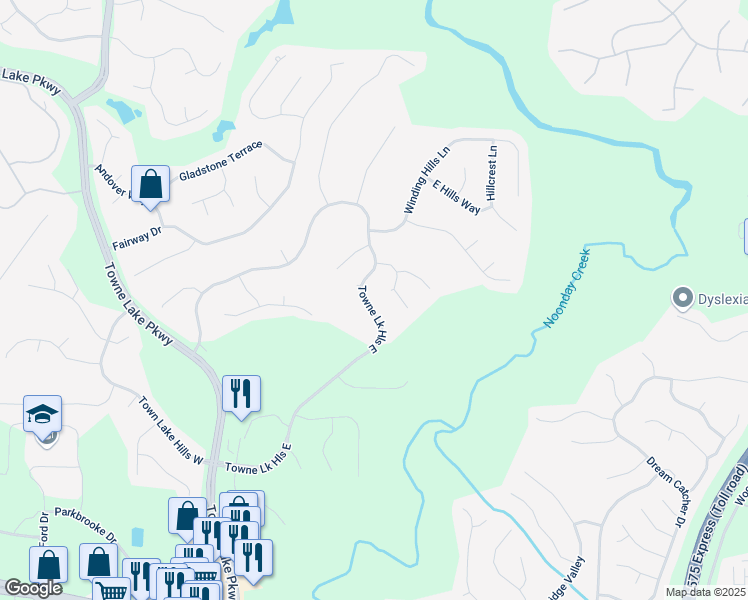 map of restaurants, bars, coffee shops, grocery stores, and more near 1050 Towne Lake Hills East in Woodstock