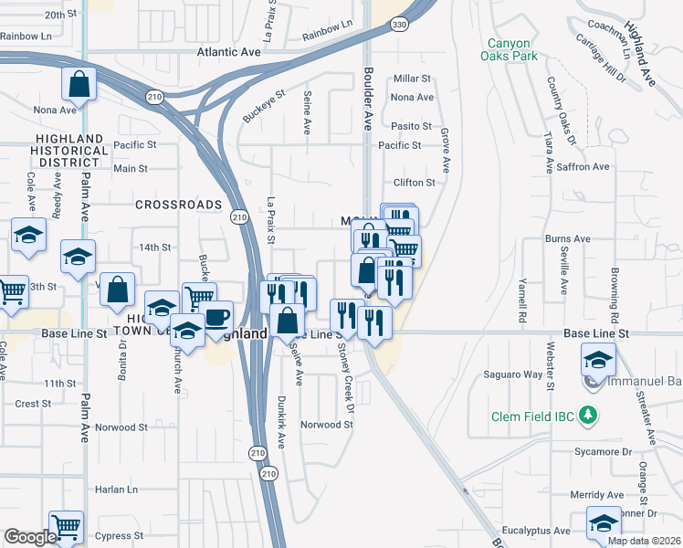 map of restaurants, bars, coffee shops, grocery stores, and more near 7165 Stoney Creek Drive in Highland
