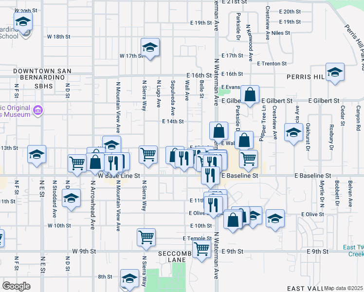 map of restaurants, bars, coffee shops, grocery stores, and more near 216 East 13th Street in San Bernardino