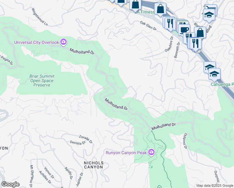 map of restaurants, bars, coffee shops, grocery stores, and more near 7475 Mulholland Drive in Los Angeles