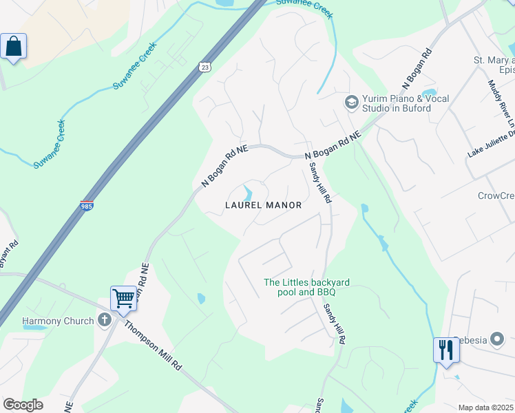 map of restaurants, bars, coffee shops, grocery stores, and more near 3286 Sweet Leaf Lane in Buford
