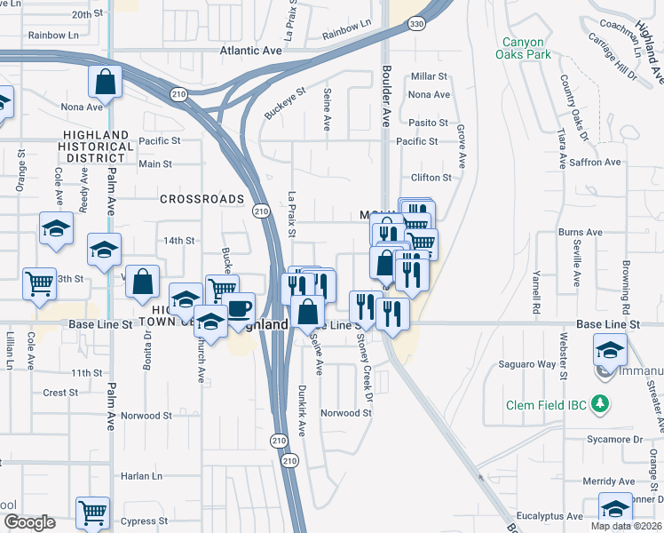 map of restaurants, bars, coffee shops, grocery stores, and more near 7168 Catalpa Avenue in Highland