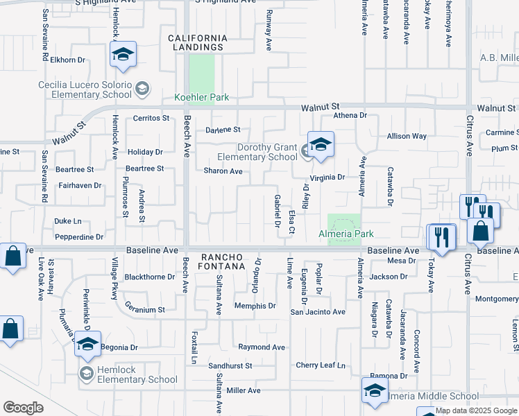 map of restaurants, bars, coffee shops, grocery stores, and more near 7184 Helena Place in Fontana