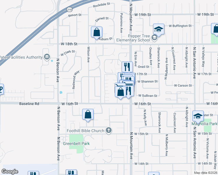 map of restaurants, bars, coffee shops, grocery stores, and more near 1651 Carmel Circle West in Upland
