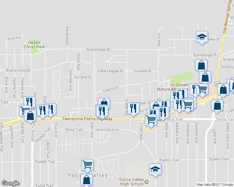 map of restaurants, bars, coffee shops, grocery stores, and more near 56639 Cassia Drive in Yucca Valley