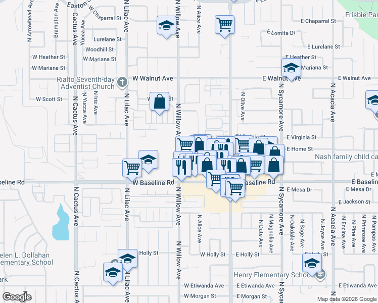 map of restaurants, bars, coffee shops, grocery stores, and more near 1369 North Willow Avenue in Rialto