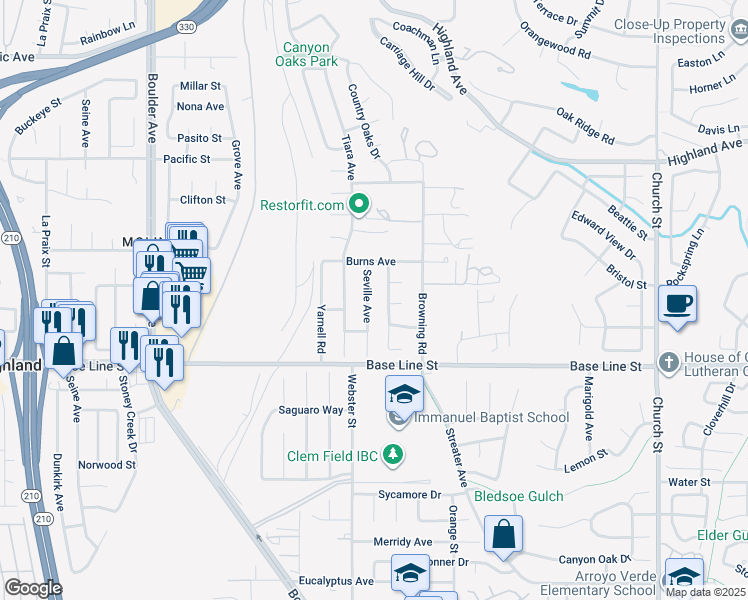 map of restaurants, bars, coffee shops, grocery stores, and more near 7173 Seville Avenue in Highland
