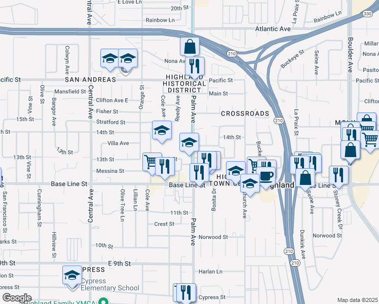 map of restaurants, bars, coffee shops, grocery stores, and more near 7181 Palm Avenue in Highland