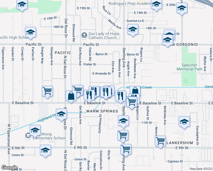 map of restaurants, bars, coffee shops, grocery stores, and more near 25595 Jane Street in San Bernardino
