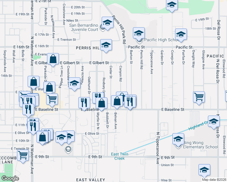 map of restaurants, bars, coffee shops, grocery stores, and more near 1294 Canyon Road in San Bernardino