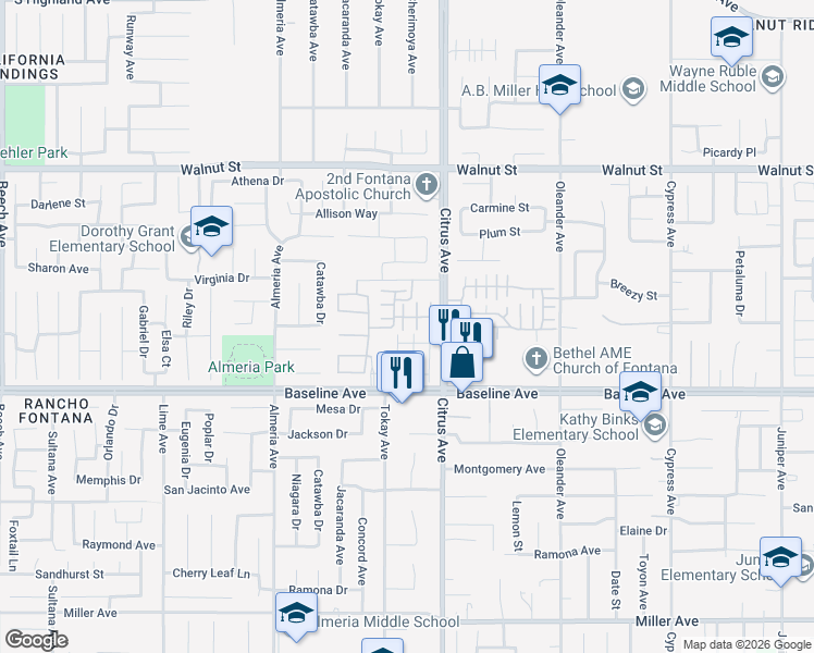 map of restaurants, bars, coffee shops, grocery stores, and more near 16001 Chase Road in Fontana