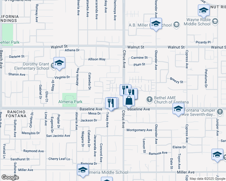 map of restaurants, bars, coffee shops, grocery stores, and more near 16001 Chase Road in Fontana