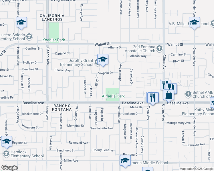 map of restaurants, bars, coffee shops, grocery stores, and more near 15717 Monteca Court in Fontana