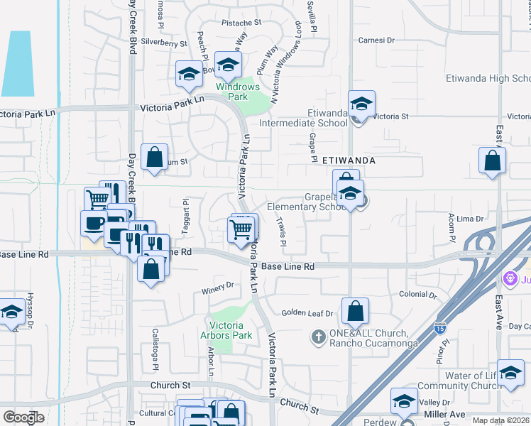 map of restaurants, bars, coffee shops, grocery stores, and more near 7153 Travis Place in Rancho Cucamonga