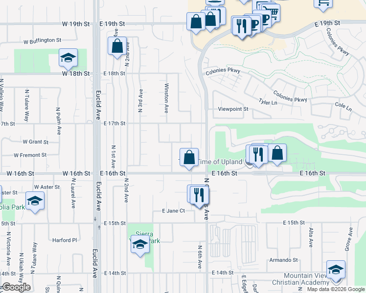 map of restaurants, bars, coffee shops, grocery stores, and more near 588 East Mariposa Street in Upland