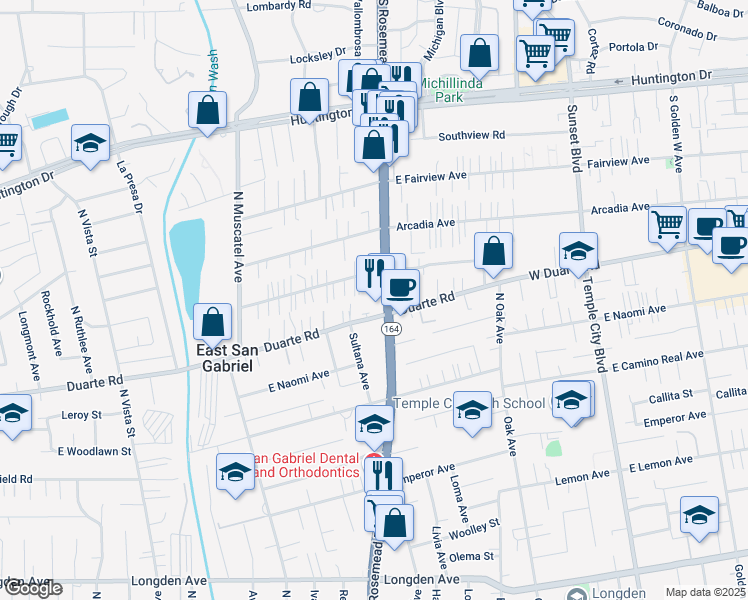 map of restaurants, bars, coffee shops, grocery stores, and more near 6925 Rosemead Boulevard in San Gabriel