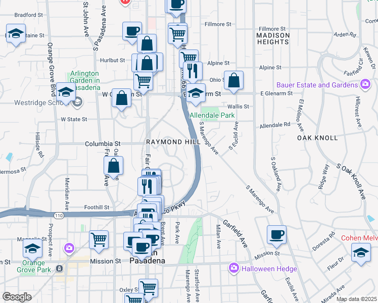 map of restaurants, bars, coffee shops, grocery stores, and more near in South Pasadena