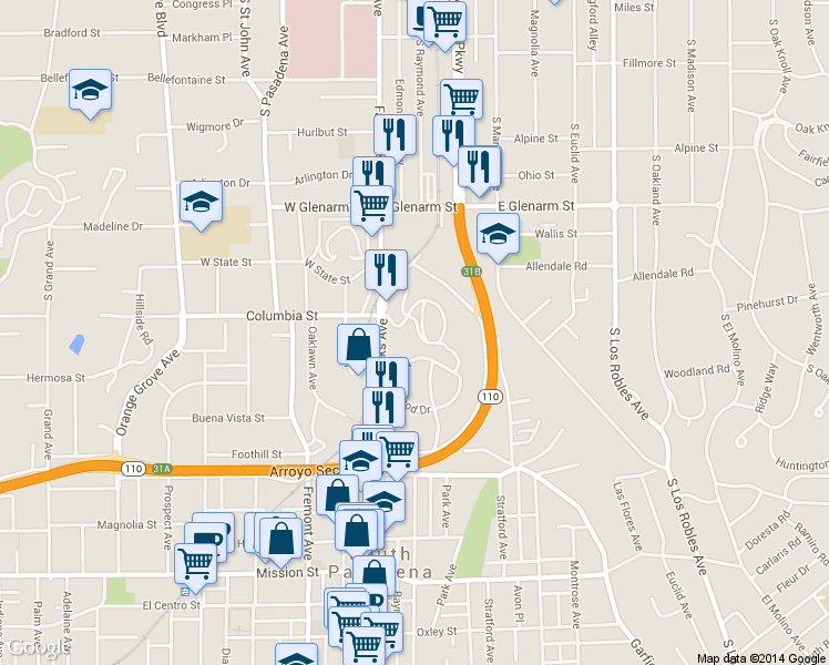 map of restaurants, bars, coffee shops, grocery stores, and more near 1625 Raymond Hill Road in South Pasadena